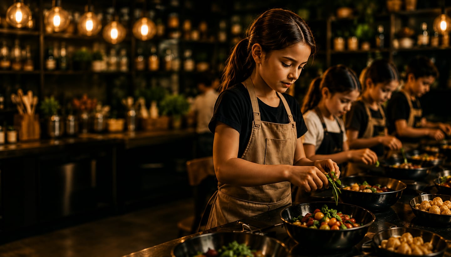 A young chef plating fresh ingredients at a Darling Quarter cooking class